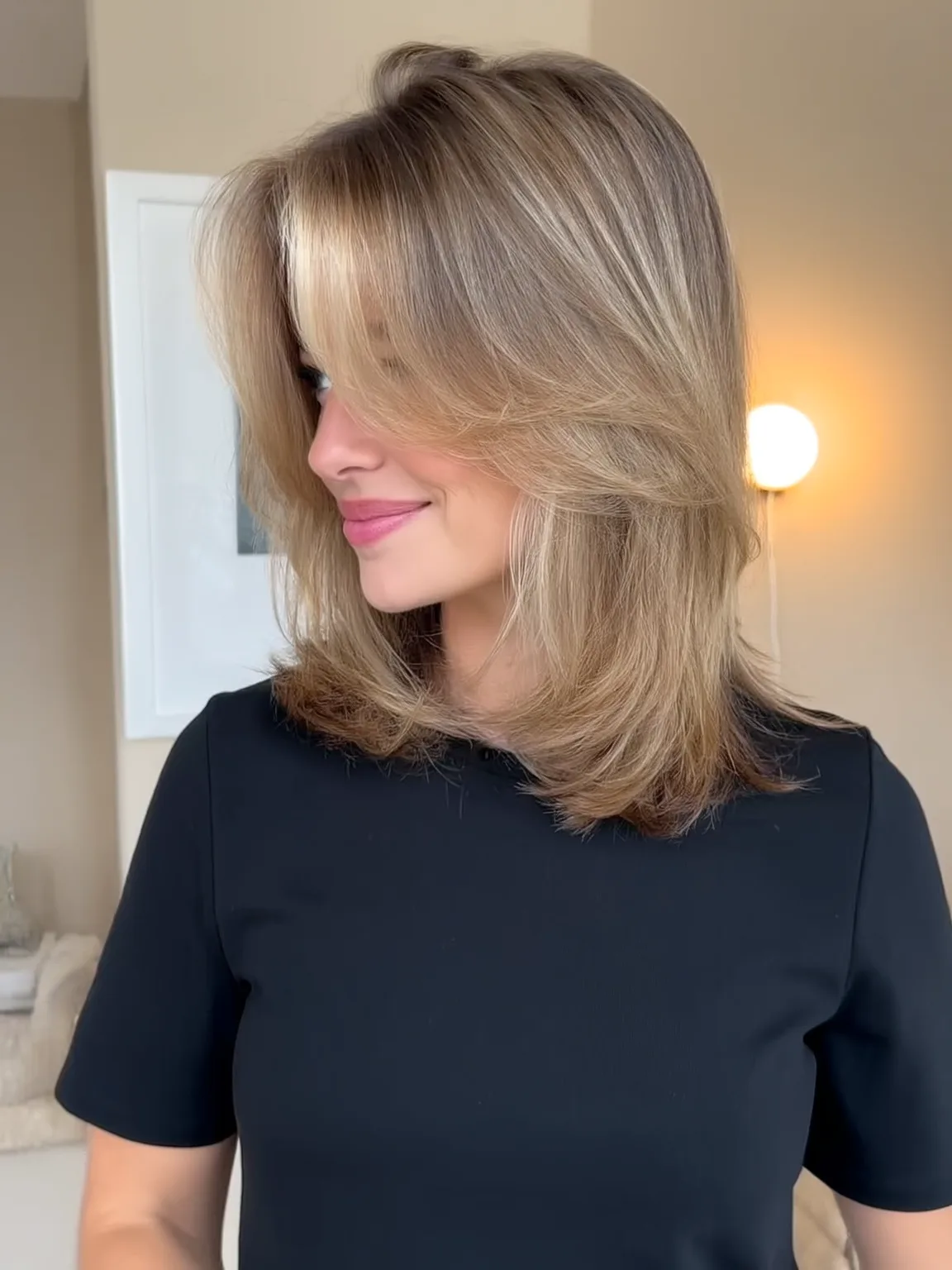 Medium Layered Cut with Sandy Blonde Highlights